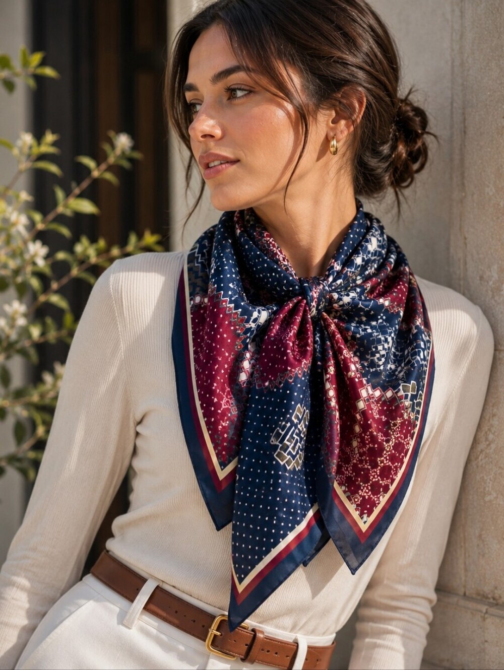Yamamay Geometric Print Scarf – Navy & Burgundy | NWT